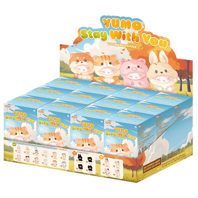 Yumo Stay With You blind box display case showcasing animal-themed figures.