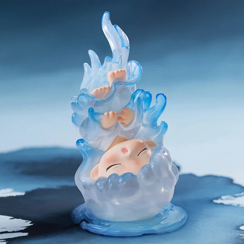 Upside-down YUMO figure surrounded by translucent blue water elements