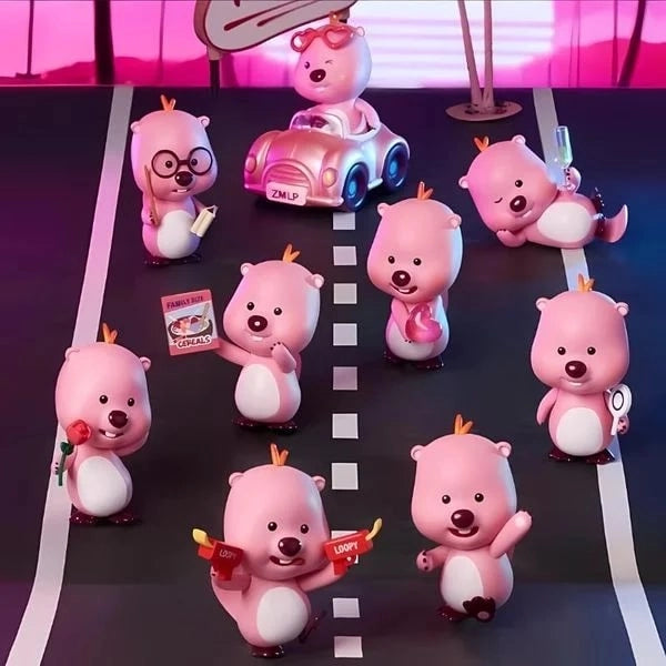 Full lineup of Zanmang Loopy Neon Road blind box figures on neon-themed road