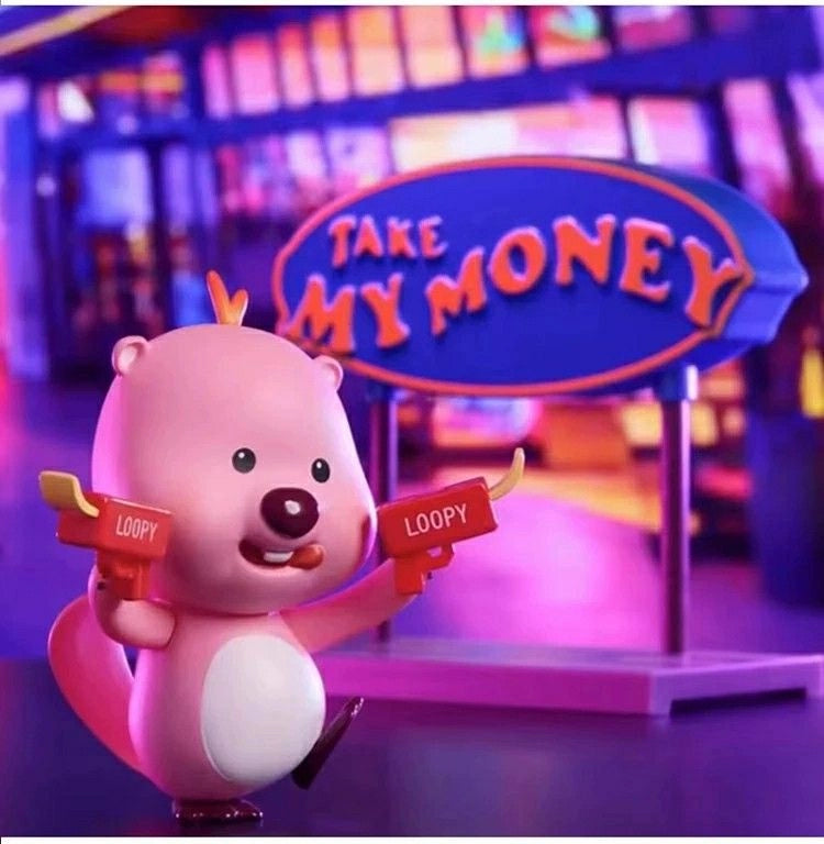 Zanmang Loopy holding Loopy money guns in front of neon Take My Money sign