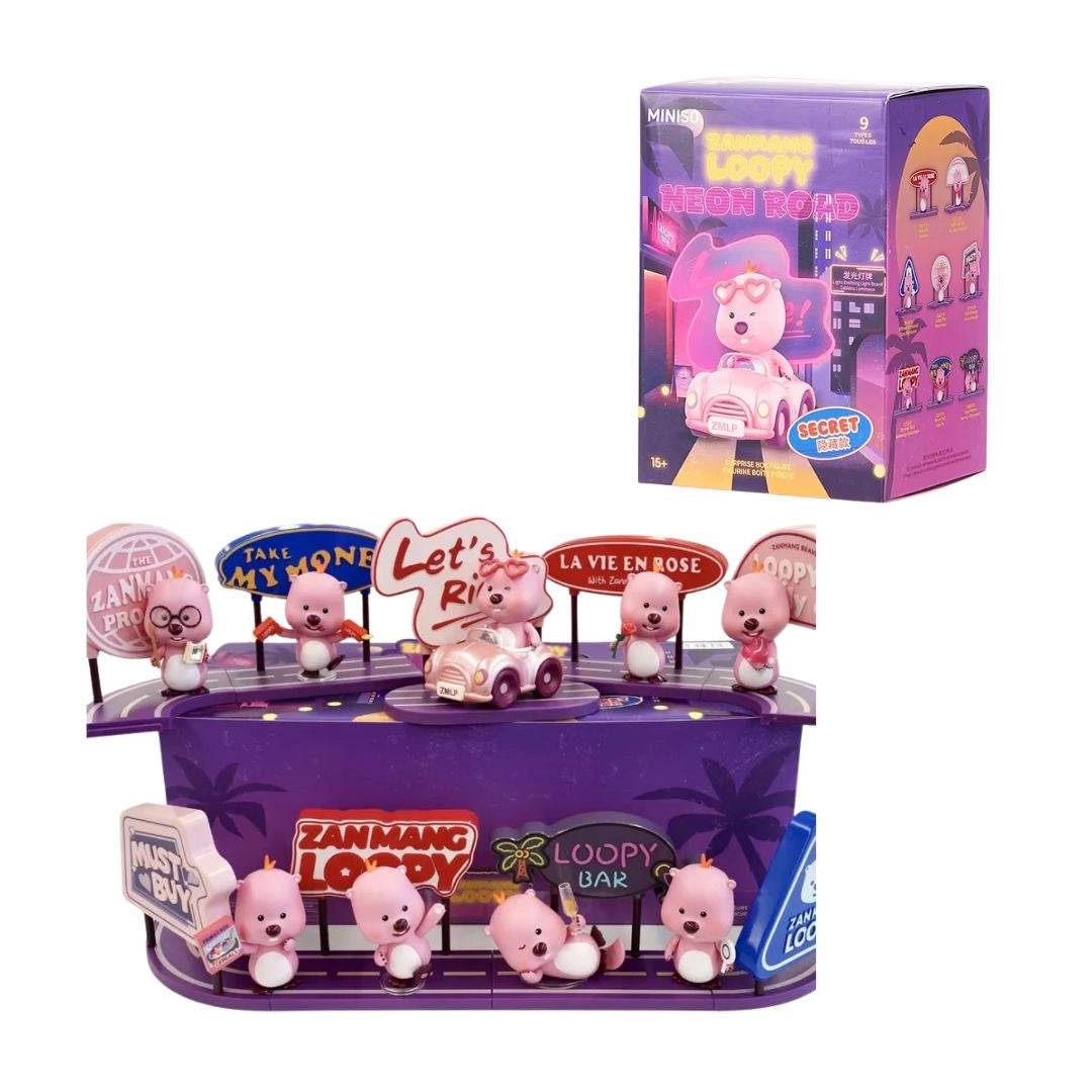 Zanmang Loopy Neon Road blind box packaging with collectible figure display