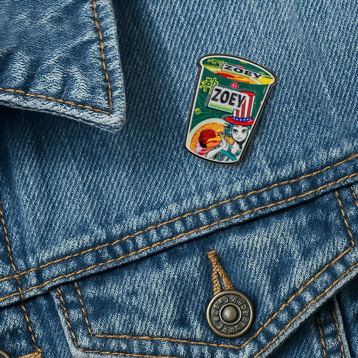 Zoey Hamburger Noodles pin attached to denim jacket KPop Demon Hunters