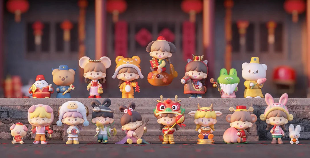 Complete zZoton New Year In Apple Village Series Blind Box collection featuring Chinese Zodiac inspired figures