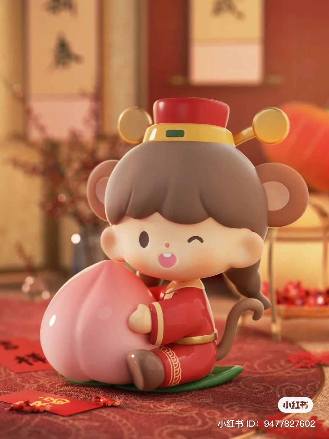 Monkey zodiac zZoton figure holding a peach symbolizing happiness and longevity