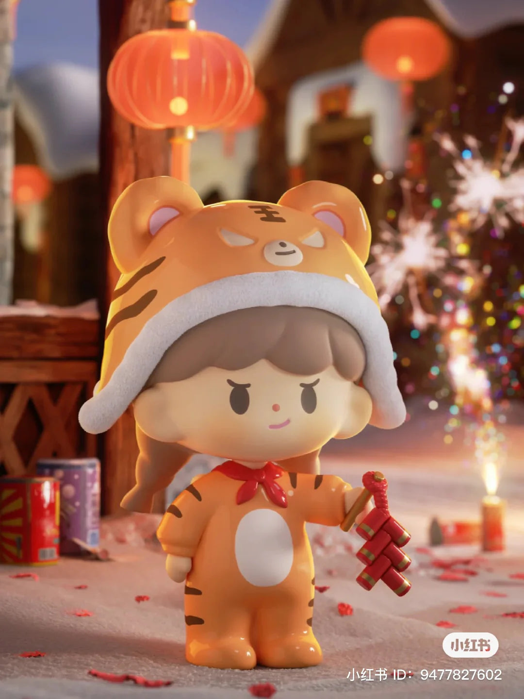 Tiger zodiac zZoton figure dressed in a tiger costume holding festive firecrackers