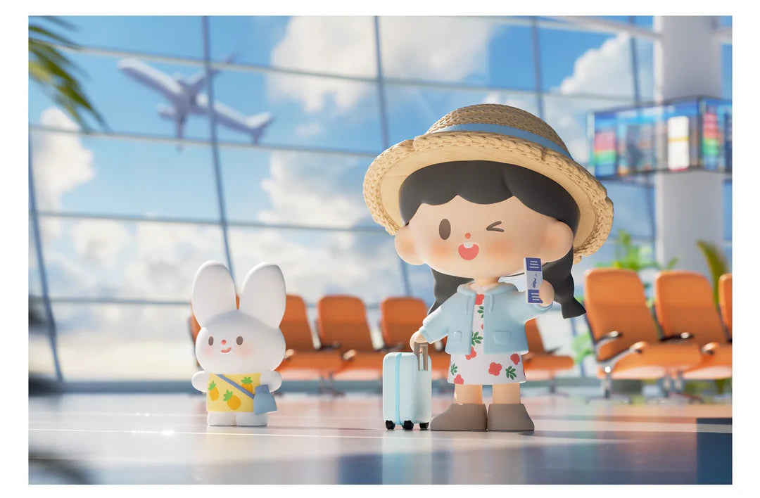 Let's Go zZoton figure holding a boarding pass and suitcase at an airport terminal with bunny companion