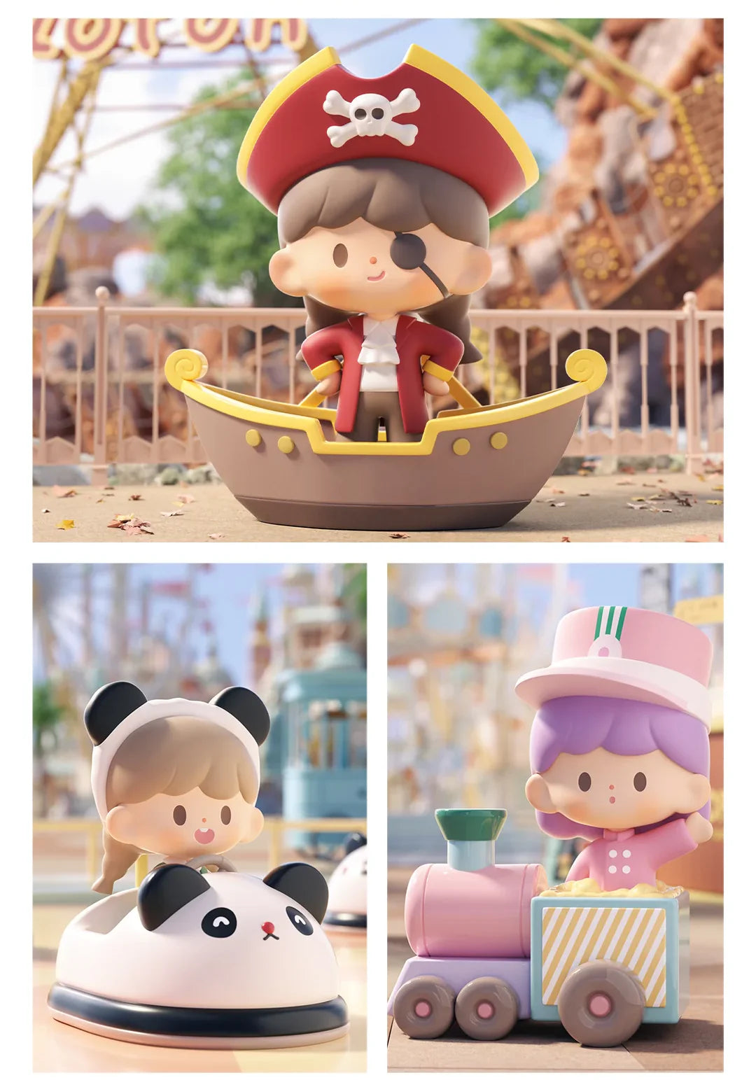 zZoton Treasure Land figures featuring pirate ship ride, panda bumper car and welcome train attractions