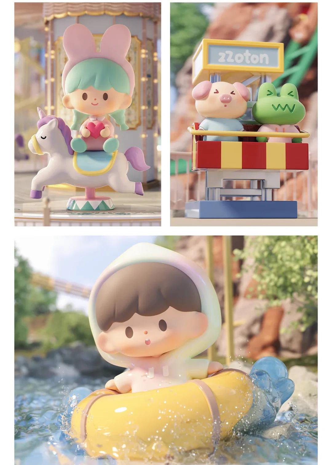Merry-Go-Round, Drop Tower and Log Flume zZoton Treasure Land amusement park figures