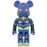 Front view of 1000% Bearbrick Evangelion Unit-01 New Paint edition with green and purple mech armor and glowing yellow eyes.