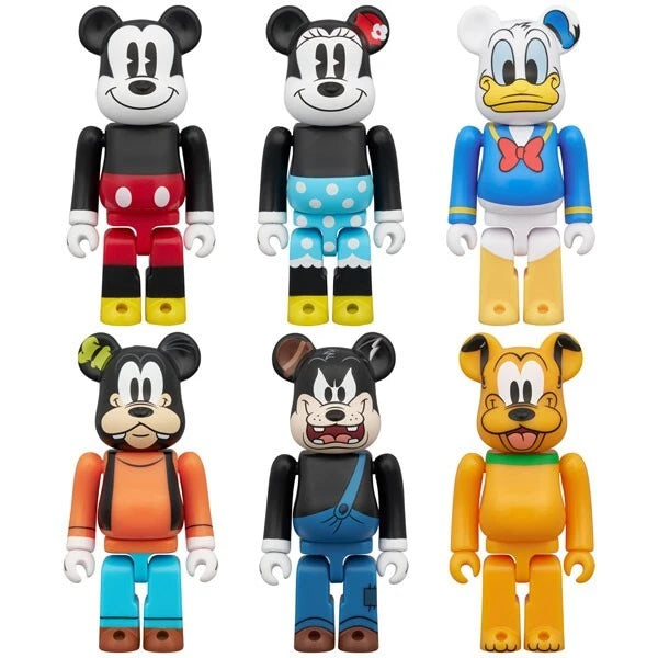 Bearbrick 100% Disney series figures including Mickey, Minnie, Donald, Goofy, Pluto, and Pete