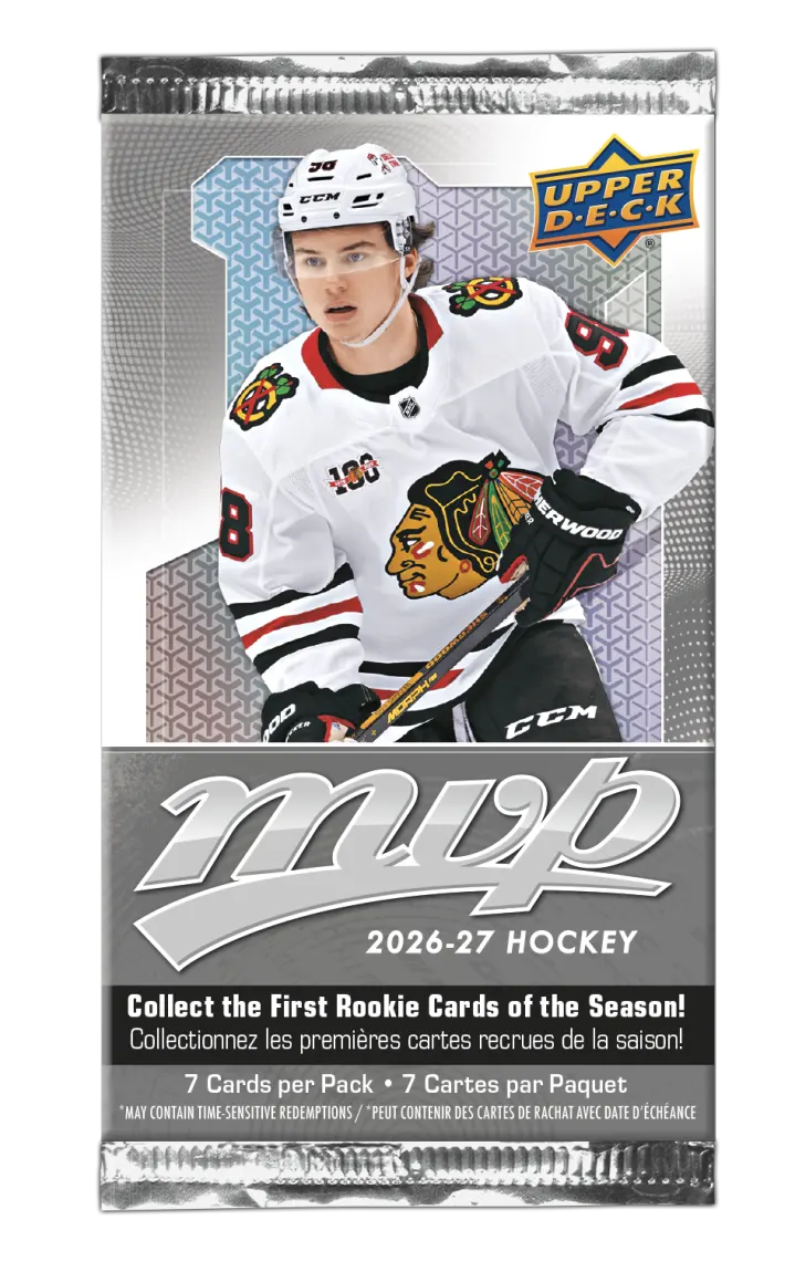 2026-27 Upper Deck MVP Hockey Gravity Box individual pack with 7 NHL trading cards