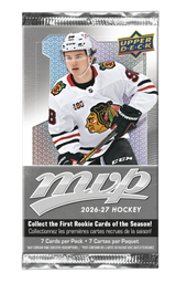 2026-27 Upper Deck MVP Hockey Gravity Box individual pack with 7 NHL trading cards