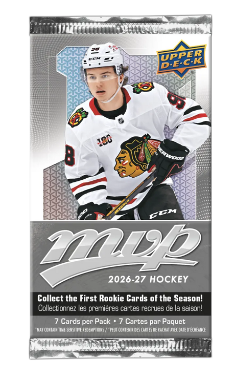 2026-27 Upper Deck MVP Hockey Gravity Box individual pack with 7 NHL trading cards