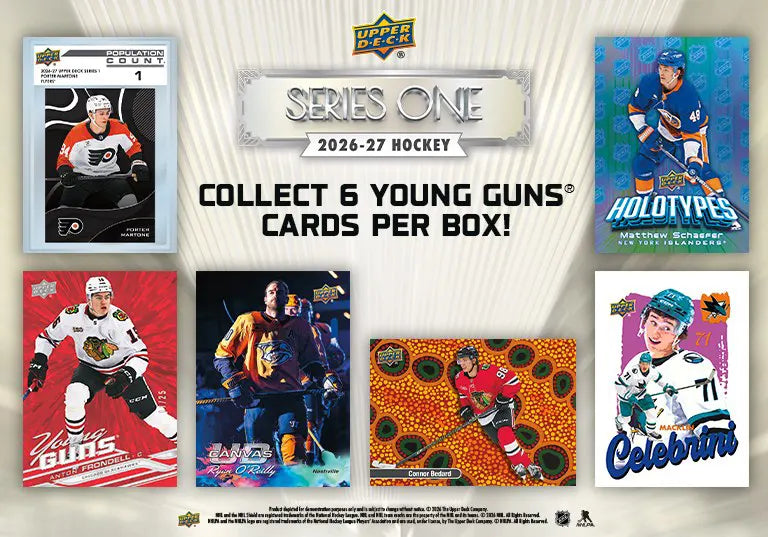 Upper Deck Series One 2026-27 Hockey promotional artwork featuring Young Guns, Holotypes, UD Canvas and Population Count cards