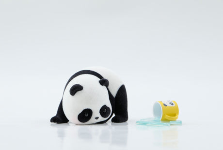 Panda Roll Panda As A Cat blind box figure leaning forward with spilled cup accessory