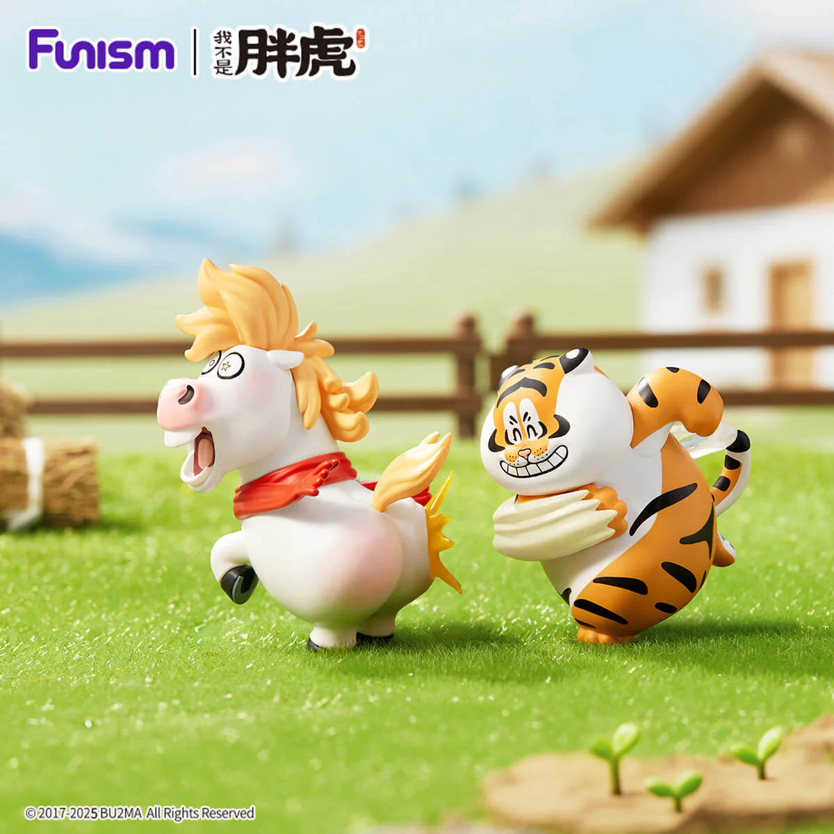 Alexander The Fat Tiger Go Pony Go figure chasing a running horse in a grassy field