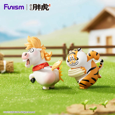 Alexander The Fat Tiger Go Pony Go figure chasing a running horse in a grassy field