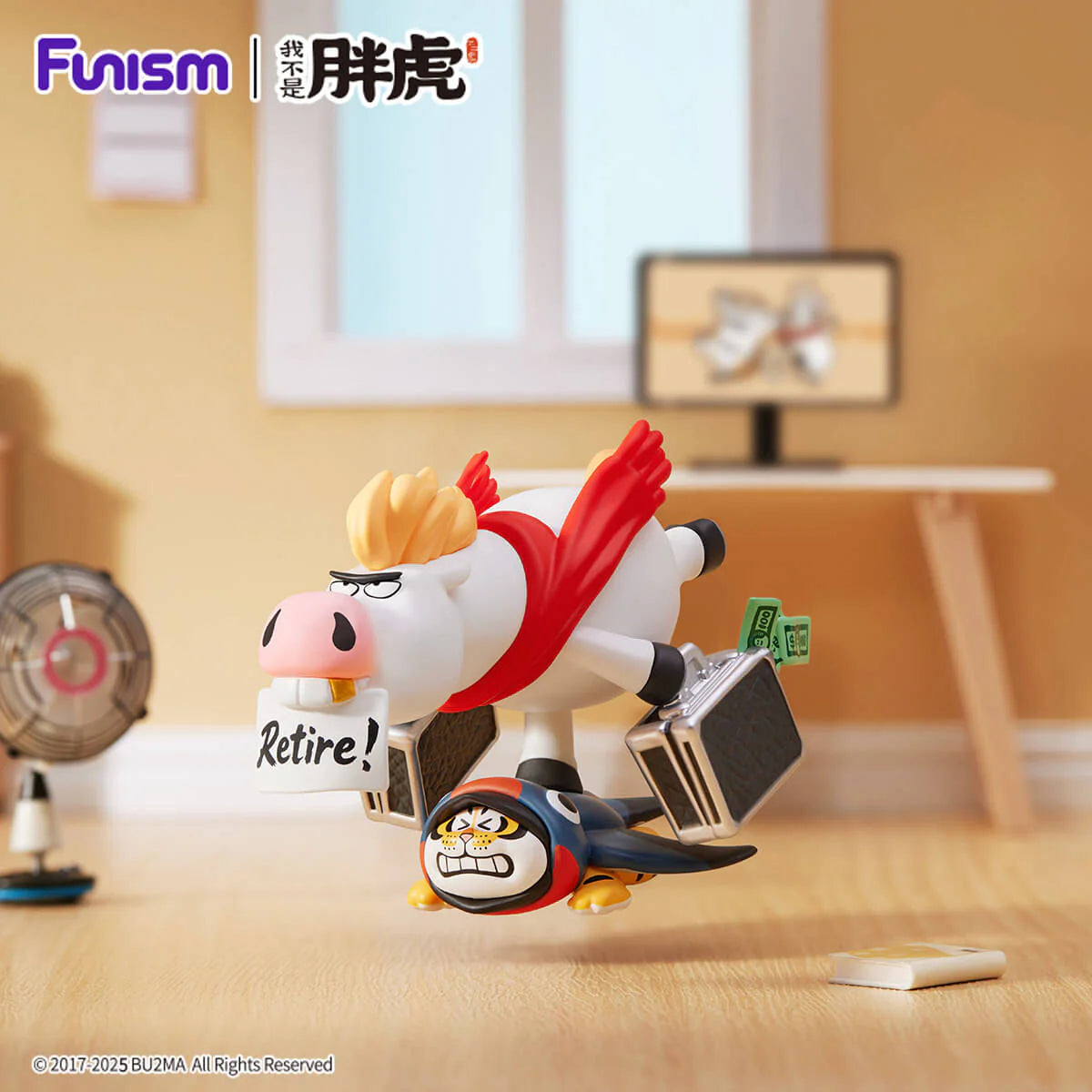 Alexander The Fat Tiger Cash Dash figure flying toward retirement while carrying a briefcase full of money