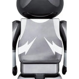 Close-up back view of Bearbrick KISS Spaceman Chrome Edition with iconic lightning pattern