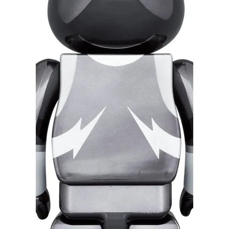Close-up back view of Bearbrick KISS Spaceman Chrome Edition with iconic lightning pattern