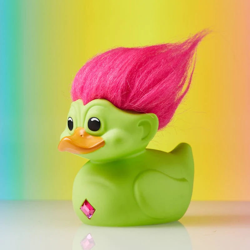 TUBBZ collectible duck with bright pink troll hair