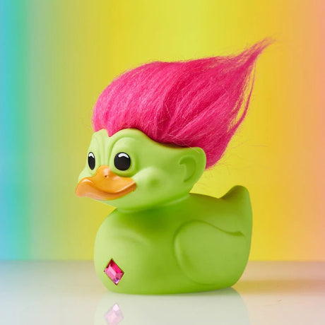 TUBBZ collectible duck with bright pink troll hair