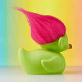 Side view of TUBBZ Green Troll showing pink fluffy hair