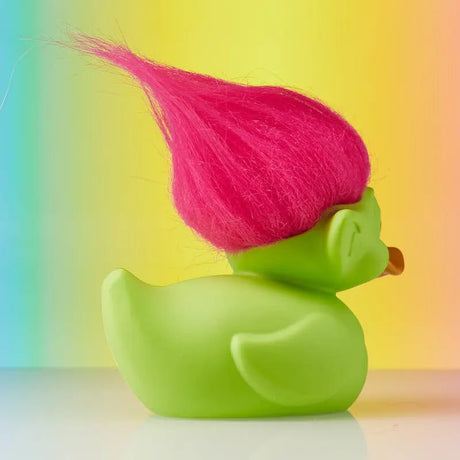 Side view of TUBBZ Green Troll showing pink fluffy hair