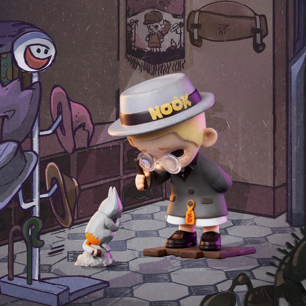 Nook In Vintage Store blind box vinyl figure wearing hat and inspecting small animal with magnifying glass