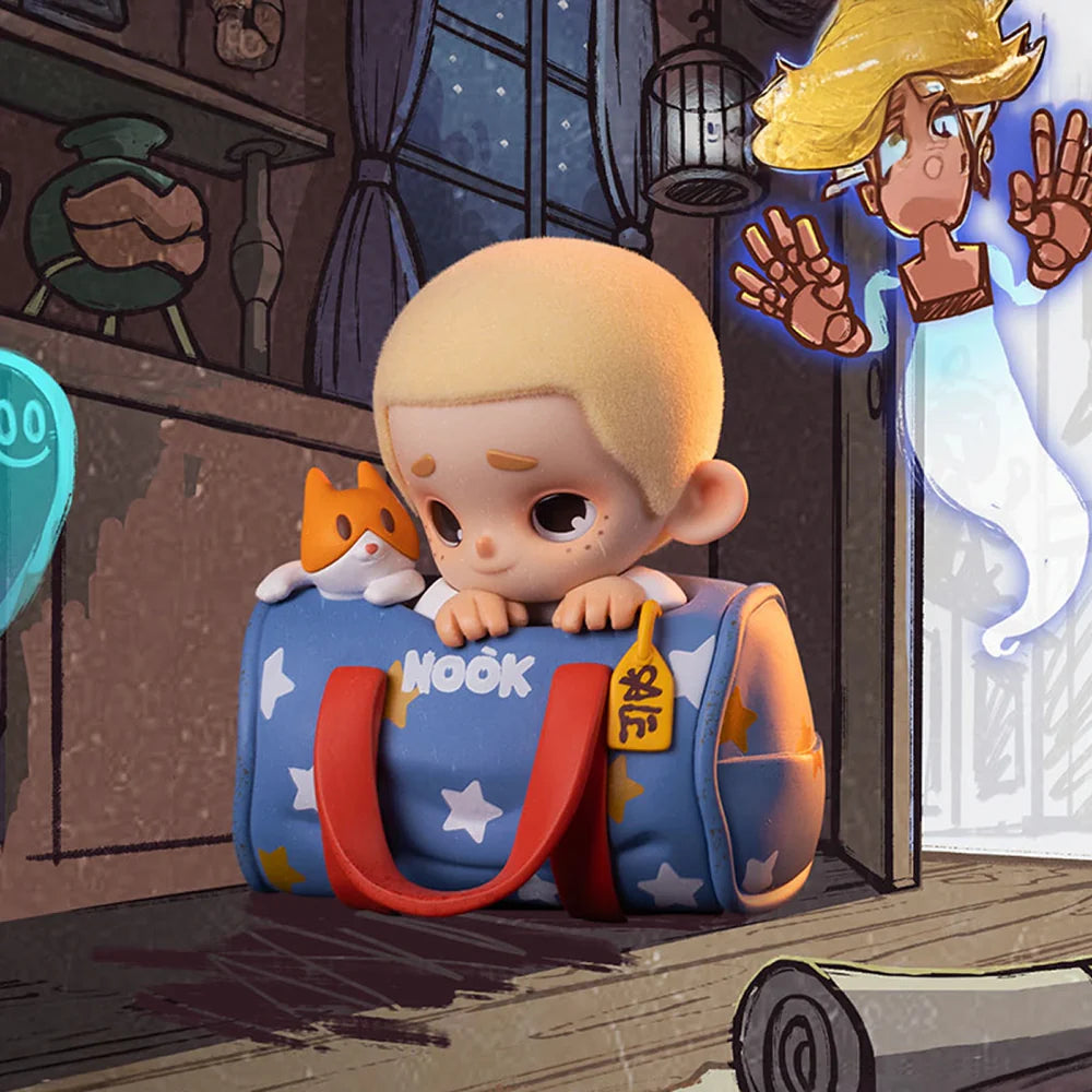 Nook In Vintage Store blind box vinyl figure hiding inside vintage suitcase with star pattern and pet companion