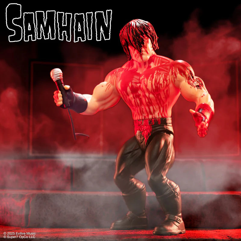 Bloody Danzig posed with microphone in red fog stage setting