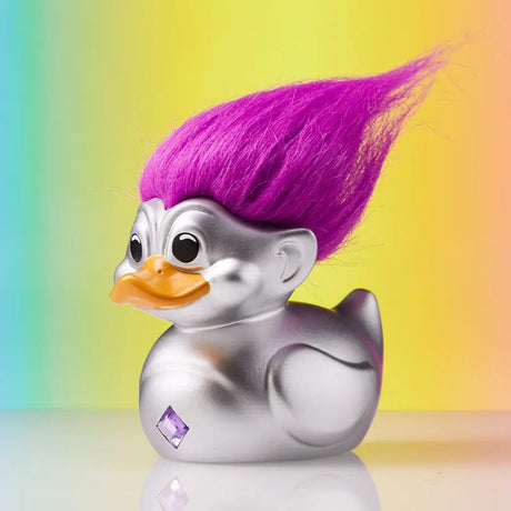 Silver Troll TUBBZ duck with purple hair and gem detail – side view