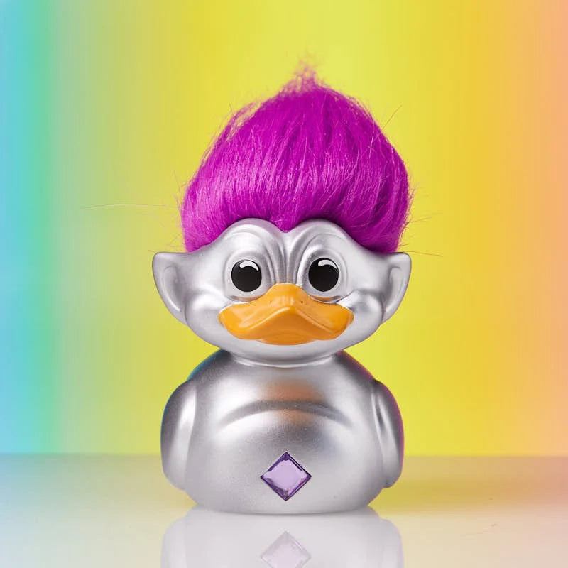 Front view of Silver Troll TUBBZ duck with purple hair