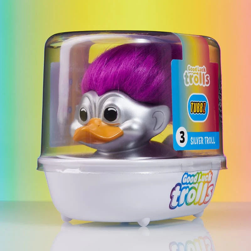 Silver Troll TUBBZ collectible duck in packaging with label visible