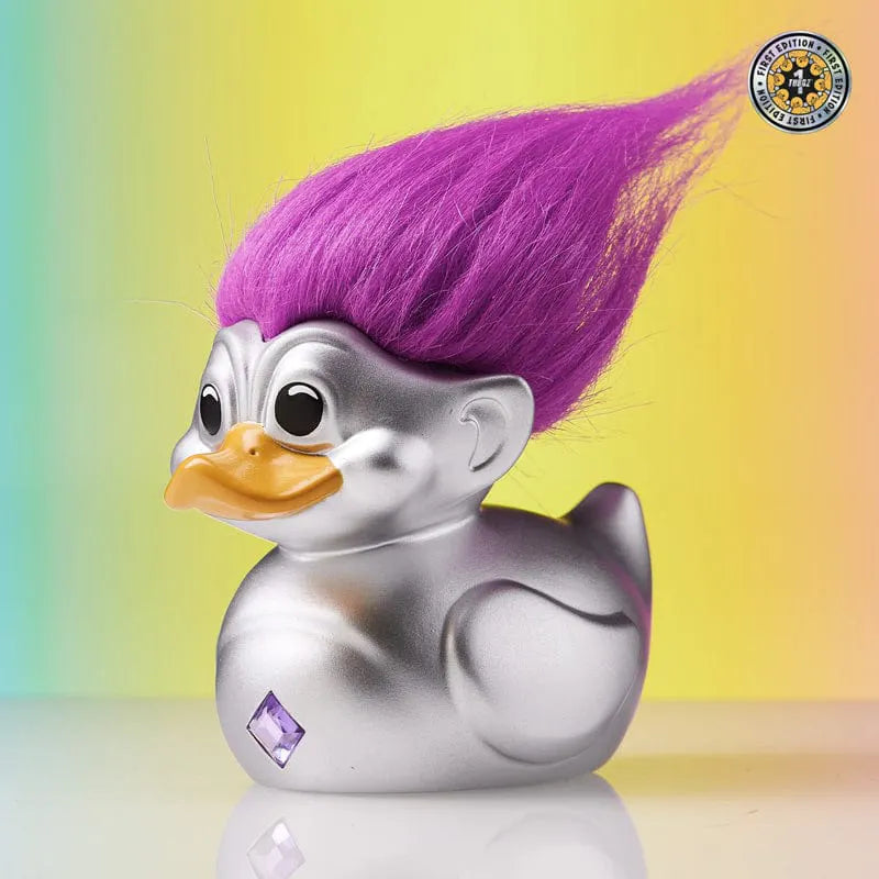 Official Trolls Silver TUBBZ duck – first edition badge shown