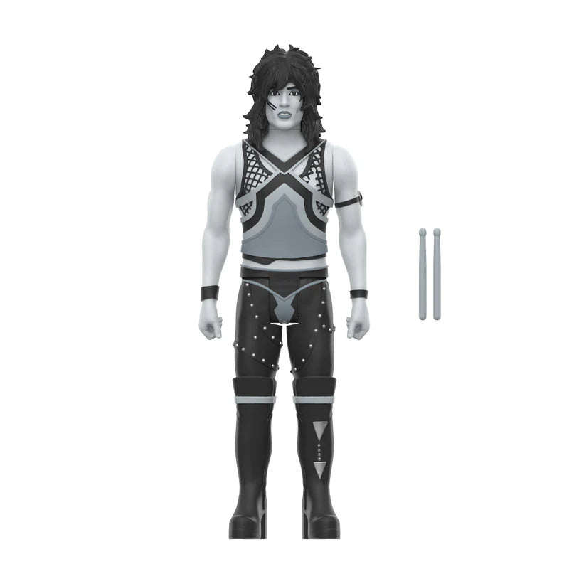 Front view of Tommy Lee ReAction Figure in black and white with drumsticks by Super7