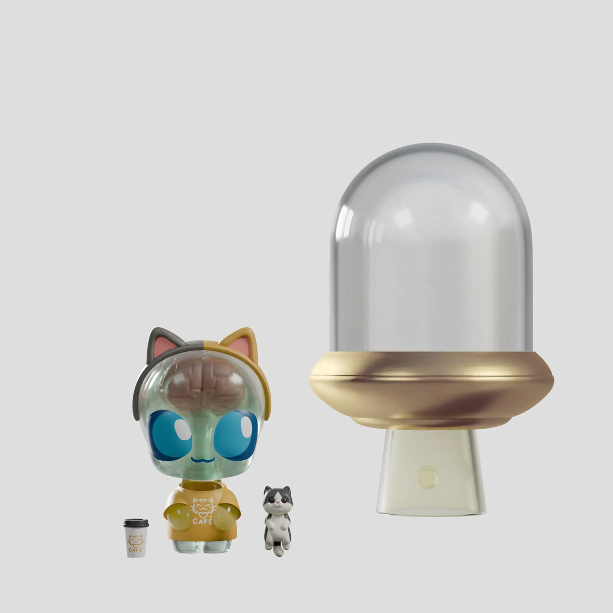 Abducted cat cafe alien figure with cat accessory and gold UFO