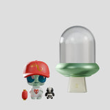 Abducted red cap alien figure with lantern and green UFO