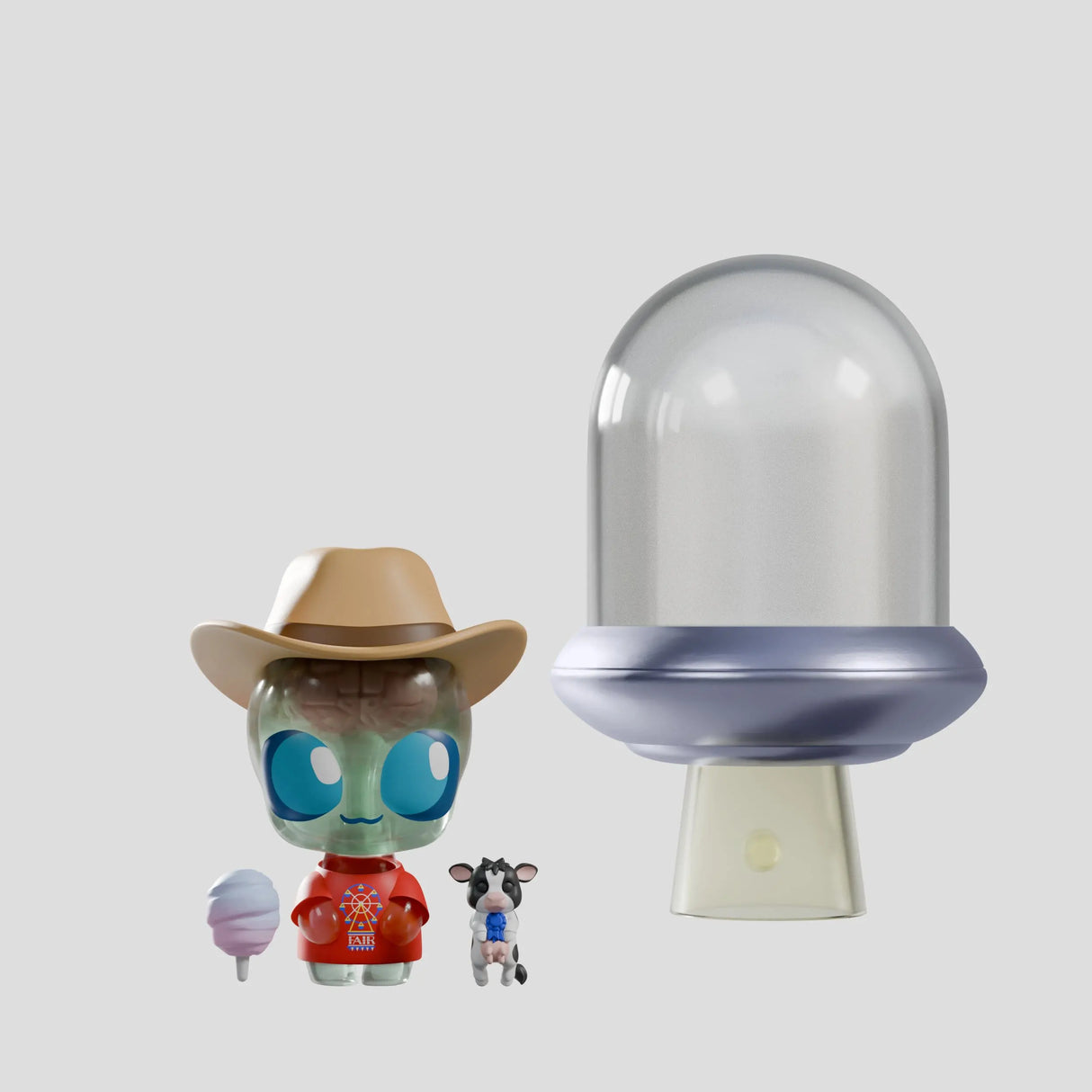 Abducted cowboy alien figure with cow, cotton candy and UFO