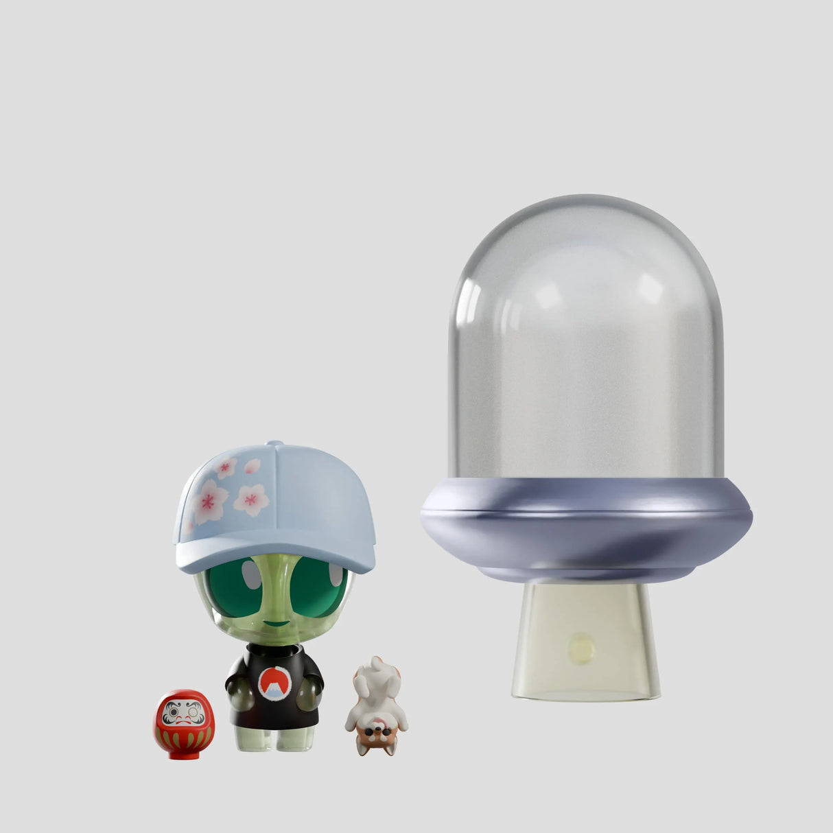 Abducted blue cap alien figure with Daruma accessory and UFO
