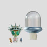 Abducted Statue of Liberty alien figure with hot dog and UFO