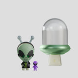 Abducted large head alien figure with purple alien and green UFO