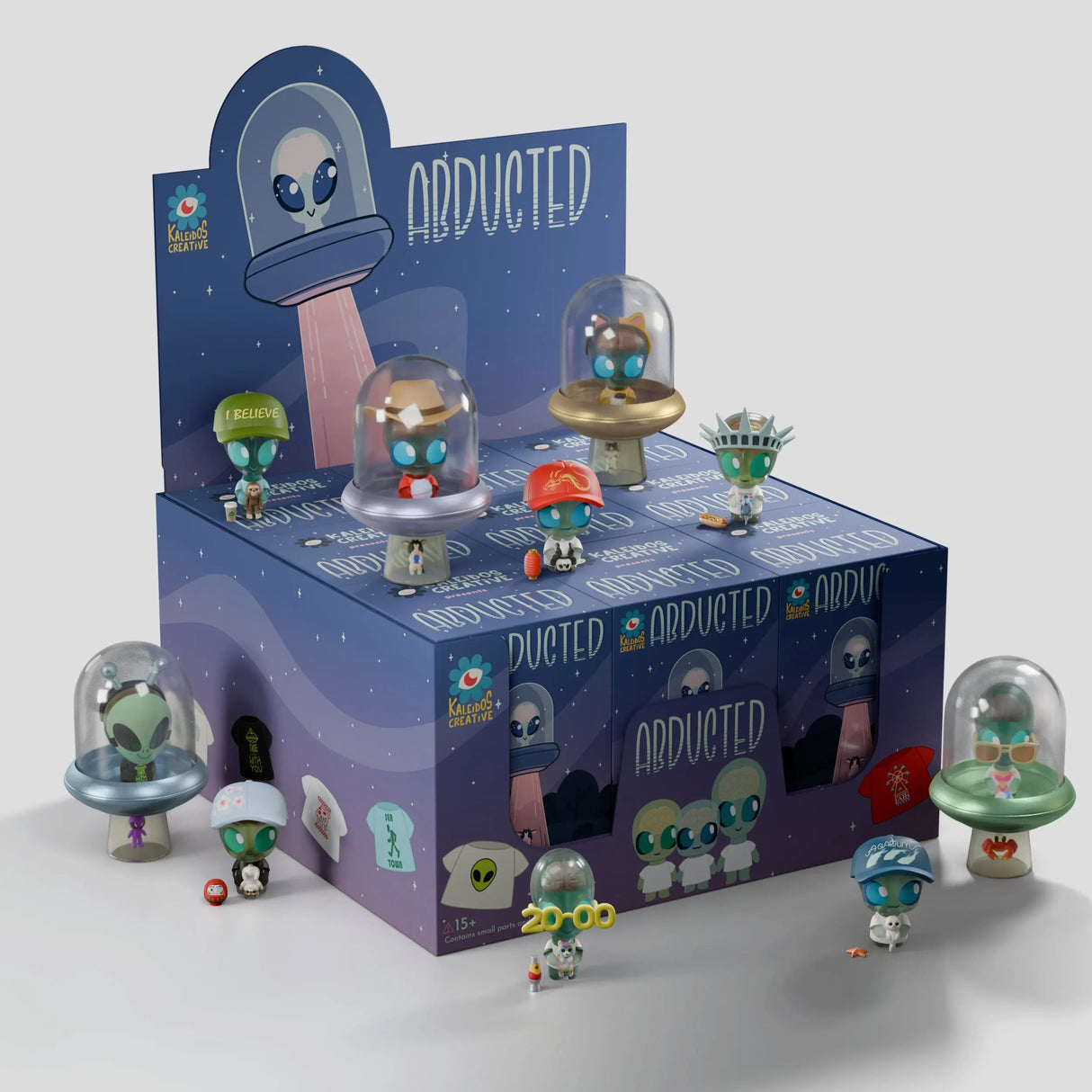 Abducted Blind Box display case with alien figures and UFO collectibles