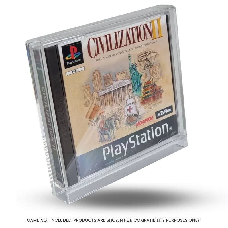 Crystal clear acrylic PS1 game case protector with PlayStation 1 game