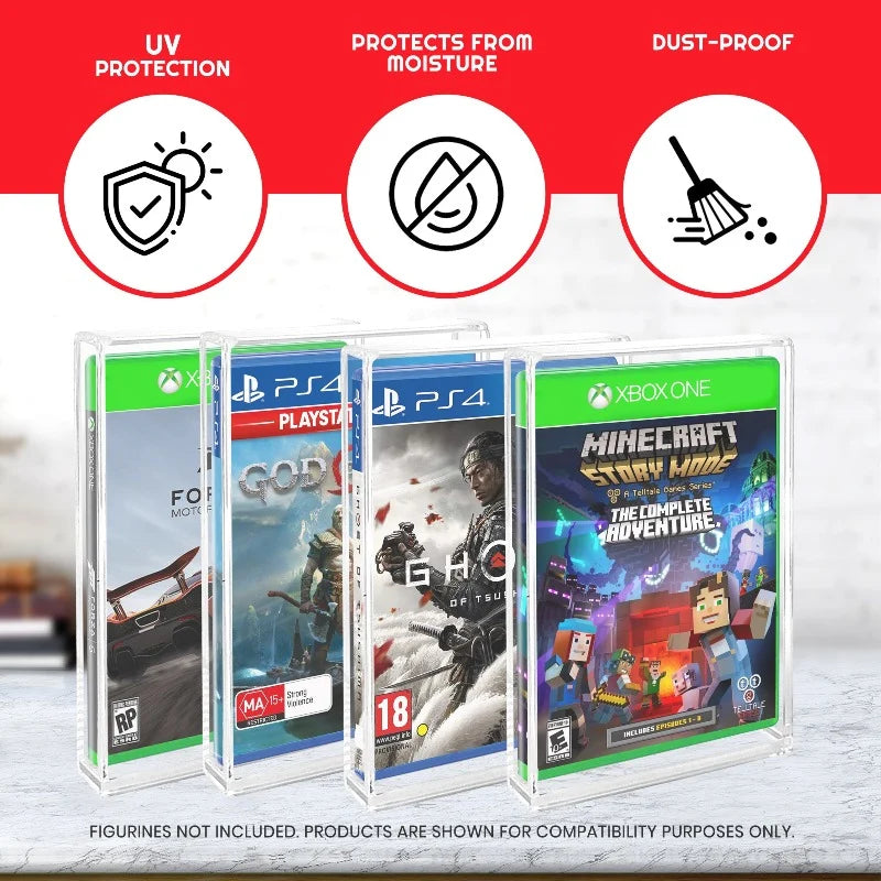 Acrylic cases protecting PS3, PS4 and Xbox One video game cases