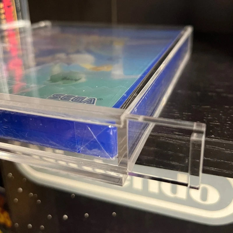 Close-up of bottom sliding base on acrylic PS4 game protector
