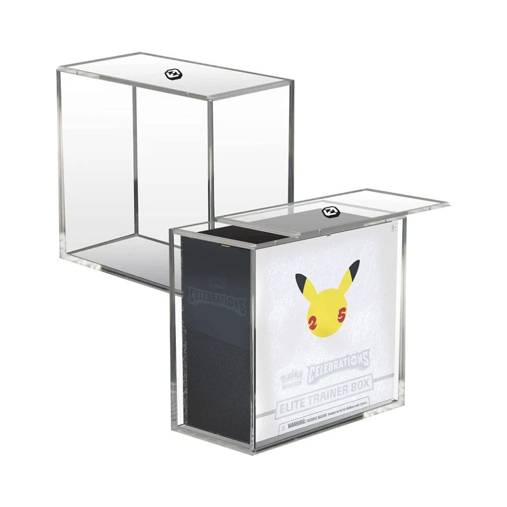 Transparent acrylic display case shown with and without a Pokémon Elite Trainer Box inside.