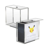 Transparent acrylic display case shown with and without a Pokémon Elite Trainer Box inside.