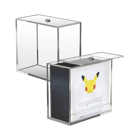 Transparent acrylic display case shown with and without a Pokémon Elite Trainer Box inside.