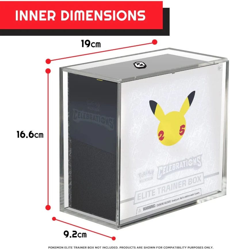 Acrylic display case with inner dimensions labeled for Pokémon Elite Trainer Boxes.